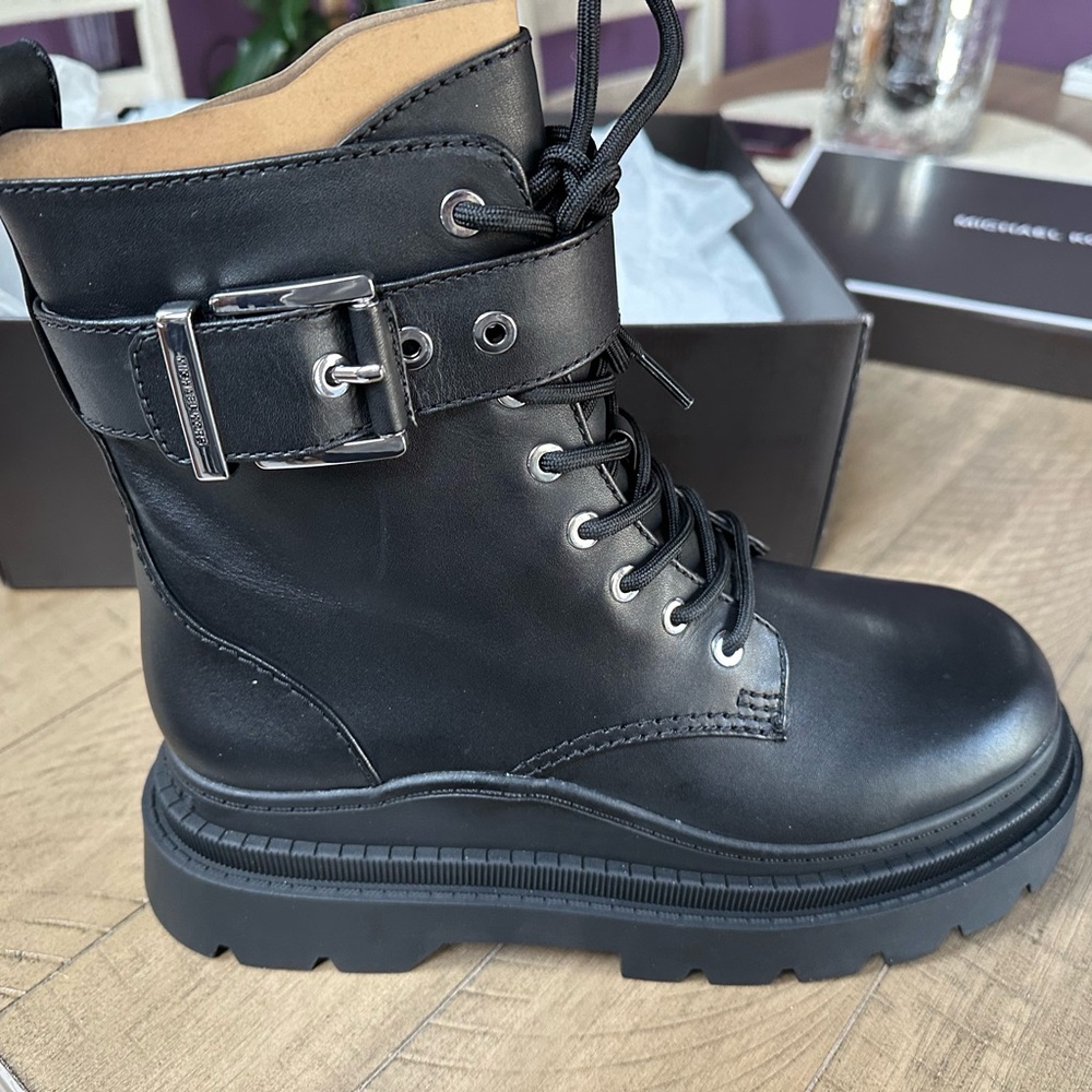 MICHAEL Michael Kors Black Combat Moto Boots with Rugged Sole